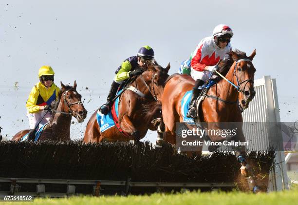 Jamie Mott riding All Well jumps hurdle before winning Race 1, Maiden Hurdle during the Warrnambool Racing Carnival on May 2, 2017 in Warrnambool,...