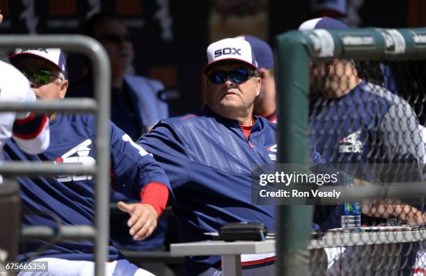 Pitching coach Don Cooper of the Chicago White Sox looks on from the dugout against the Cleveland Indians on April 23, 2017 at Guaranteed Rate Field...