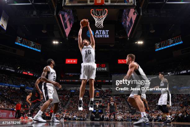 Pau Gasol of the San Antonio Spurs grabs the rebound against the Houston Rockets during Game One of the Western Conference Semifinals of the 2017 NBA...