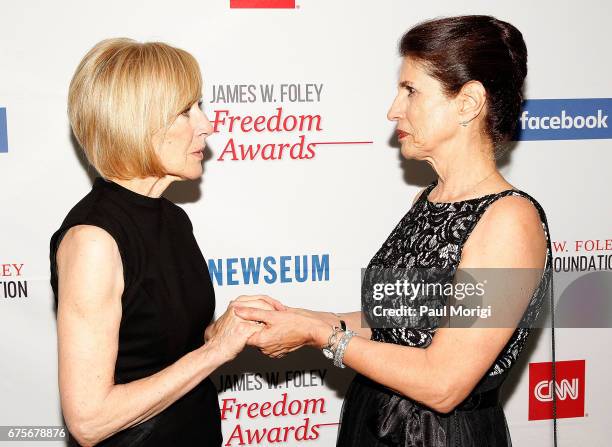 Journalist Judy Woodruff talks with Diane Foley at the 2017 James W. Foley Freedom Awards at the Newseum on May 1, 2017 in Washington, DC. The James...