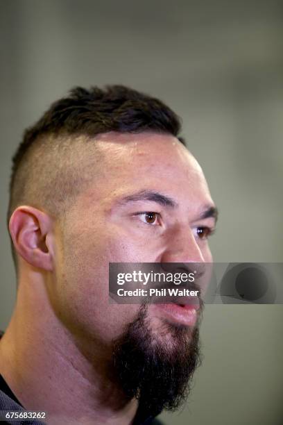 Joseph Parker speaks to media before a training session on May 2, 2017 in Auckland, New Zealand. Parker will fight Razvan Cojanu in Auckland on...