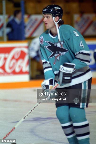 Jay More of the San Jose Sharks skates in warmup prior to a game against the Toronto Maple Leafs on October 24, 1992 at Maple Leaf Gardens in...