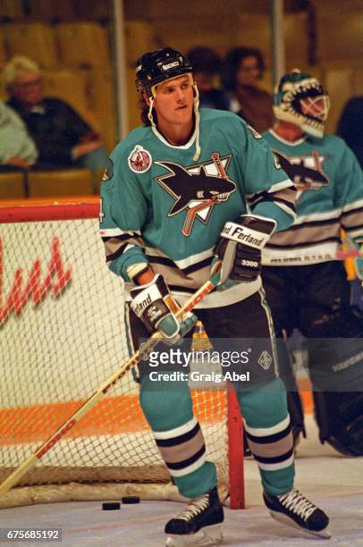 Jay More of the San Jose Sharks skates in warmup prior to a game against the Toronto Maple Leafs on October 24, 1992 at Maple Leaf Gardens in...