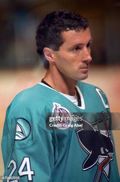 Doug Wilson of the San Jose Sharks listens to a referee's explanation against the Toronto Maple Leafs on October 24, 1992 at Maple Leaf Gardens in...