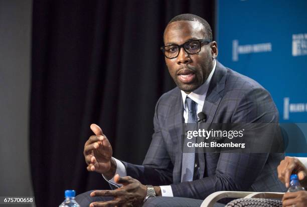 Anquan Boldin, former wide receiver of the Detroit Lions of the National Football League and founder of the Anquan Boldin Foundation, speaks at the...