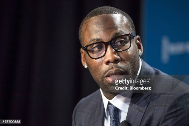 Anquan Boldin, former wide receiver of the Detroit Lions of the National Football League and founder of the Anquan Boldin Foundation, speaks at the...