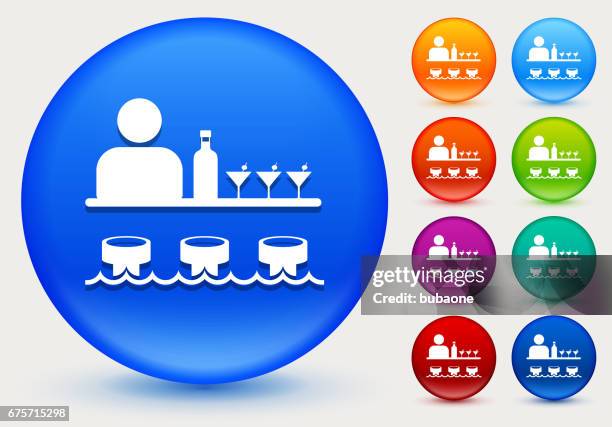 bar and bartender icon on shiny color circle buttons - bartender stock illustrations
