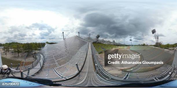 Panoramic view from the roof of the Olympic stadium on April 15, 2017 in Munich, Germany. The Olympic Park Munich is an Olympic Park which was...