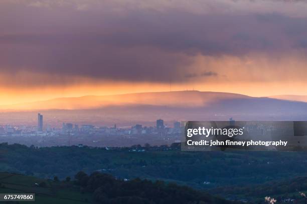 greater manchester city, taken from eccles pike in derbyshire, uk. - manchester uk stock pictures, royalty-free photos & images