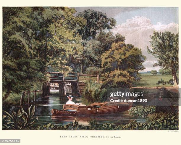 ilustraciones, imágenes clip art, dibujos animados e iconos de stock de victorians botes en el támesis, abbey mills, chertsey, 1870 - chertsey