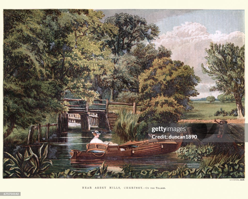 維多利亞時代的人在泰晤士河，修道院米爾斯徹特西上划船 1870