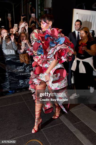 Rihanna is seen departing the Carlyle Hotel to attend "Rei Kawakubo/Comme des Garcons: Art Of The In-Between" Costume Institute Gala on May 1, 2017...