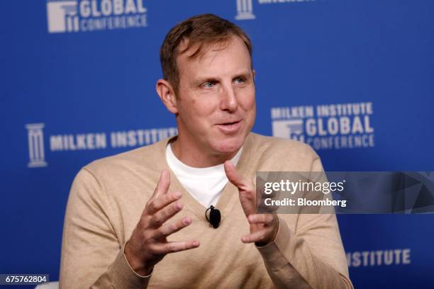 Ethan Brown, founder and chief executive officer of Beyond Meat, speaks during the Milken Institute Global Conference in Beverly Hills, California,...