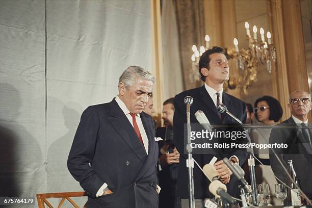 Greek businessman and shipping tycoon, Aristotle Onassis pictured left at a press conference in 1968, the same year he married Jacqueline Kennedy on...