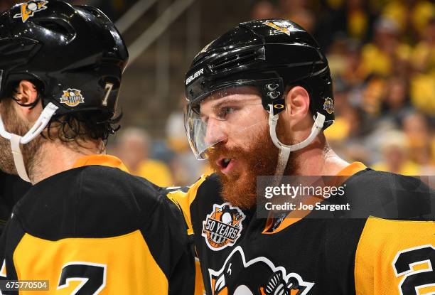 Ian Cole of the Pittsburgh Penguins skates against the Columbus Blue Jackets in Game Five of the Eastern Conference First Round during the 2017 NHL...