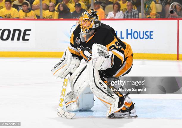 Marc-Andre Fleury of the Pittsburgh Penguins skates against the Columbus Blue Jackets in Game Five of the Eastern Conference First Round during the...