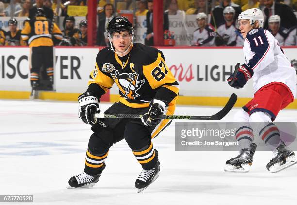 Sidney Crosby of the Pittsburgh Penguins skates against the Columbus Blue Jackets in Game Five of the Eastern Conference First Round during the 2017...