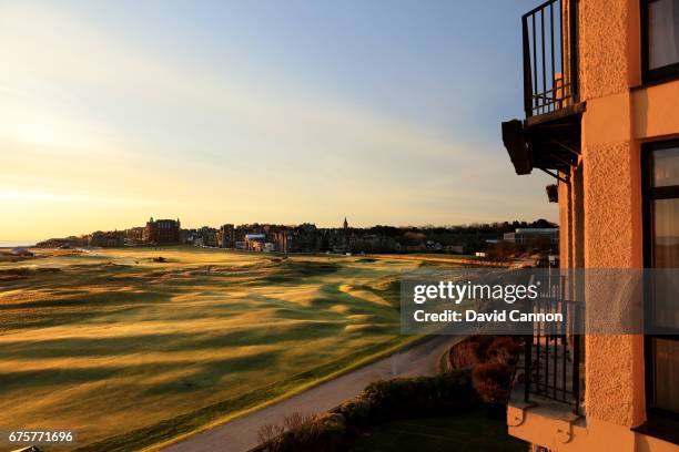 The par four 17th hole 'The Road Hole' of the Old Course at St Andrews taken from the Old Course Hotel on April 18, 2017 in St Andrews, Scotland.