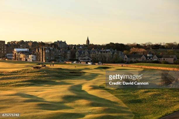 The par four 17th hole 'The Road Hole' of the Old Course at St Andrews taken from the Old Course Hotel on April 18, 2017 in St Andrews, Scotland.