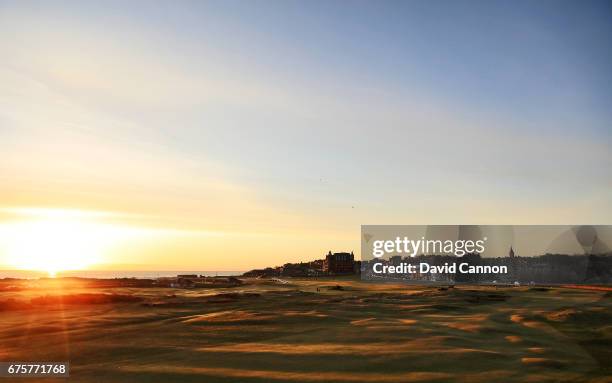 View of the 17th hole and the first and eighteenth hole of the Old Course at St Andrews taken from the Old Course Hotel on April 18, 2017 in St...