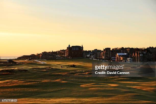 View of the 17th hole and the first and eighteenth hole of the Old Course at St Andrews taken from the Old Course Hotel on April 18, 2017 in St...