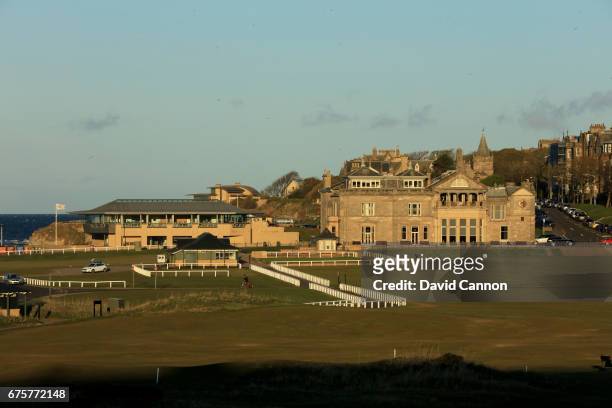 View of the Royal and Ancient Golf Club of St Andrews Clubhouse and the St Andrews Golf Museuem with the first fairway of the Old Course at St...