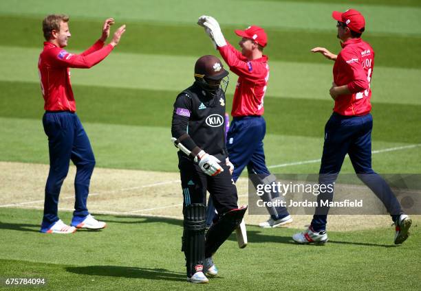 Kumar Sangakkara of Surrey walks off after being dismissed by Neil Wagner of Essex during the Royal London One-Day Cup match between Surrey and Essex...