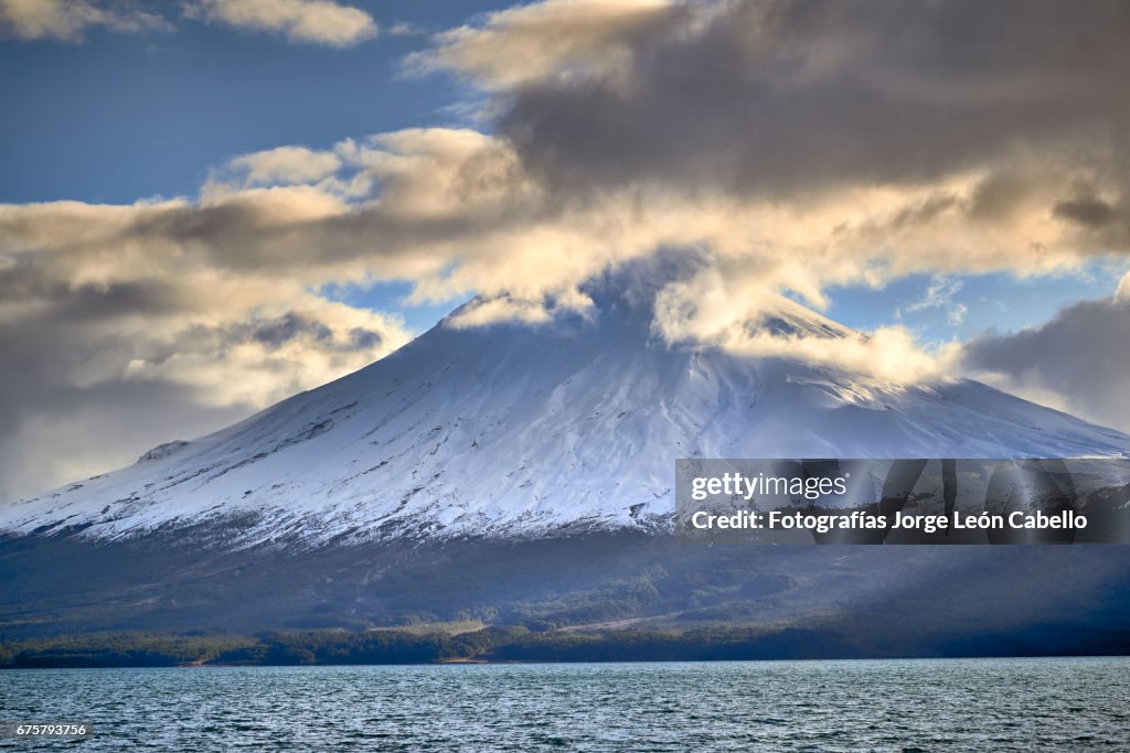 Volcan Osorno view from the catamaran during the winter Andean Lake Crossing