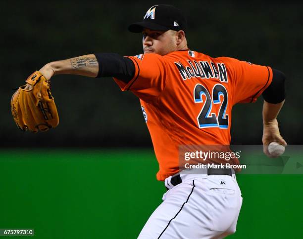 Dustin McGowan of the Miami Marlins in action during the game between the Miami Marlins and the Pittsburgh Pirates at Marlins Park on April 30, 2017...