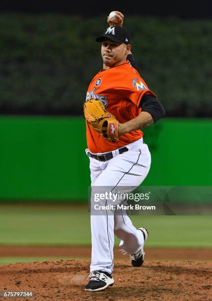 Dustin McGowan of the Miami Marlins in action during the game between the Miami Marlins and the Pittsburgh Pirates at Marlins Park on April 30, 2017...