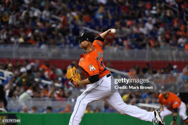 Dustin McGowan of the Miami Marlins in action during the game between the Miami Marlins and the Pittsburgh Pirates at Marlins Park on April 30, 2017...