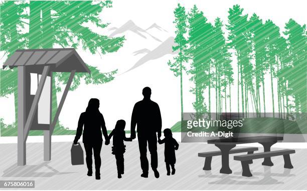 forest park picnic - family in the park stock illustrations
