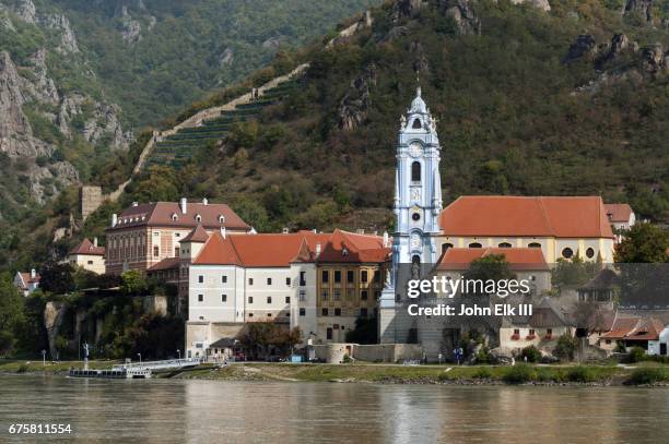 durnstein town view from across danube river - bell tower tower stock pictures, royalty-free photos & images