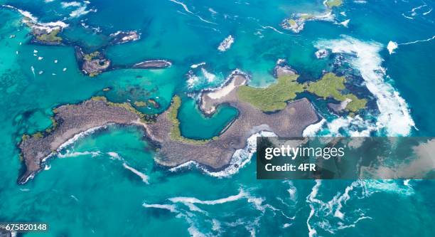 aerial view of the beautiful las tintoreras, isla isabela, galapagos islands, ecuador - galapagos stock pictures, royalty-free photos & images