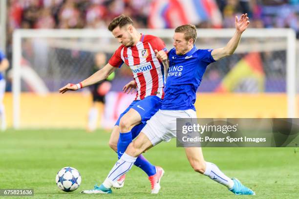 Jamie Vardy of Leicester City fights for the ball with Saul Niguez Esclapez of Atletico de Madrid during their 2016-17 UEFA Champions League...