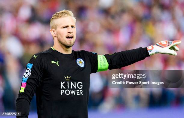 Goalkeeper Kasper Schmeichel of Leicester City reacts during their 2016-17 UEFA Champions League Quarter-Finals 1st leg match between Atletico de...