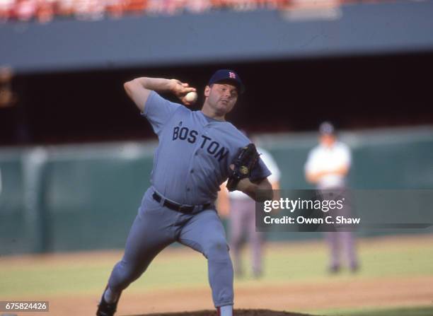 Roger Clemens of the Boston Red Sox circa 1987 pitches against the California Angels at the Big A in Anaheim, California.