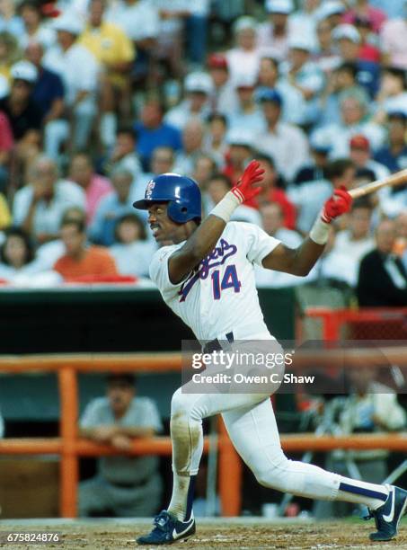 Julio Franco of the Texas Rangers circa 1989 bats in the !989 MLB All Star Game at the Big A In Anaheim, California.