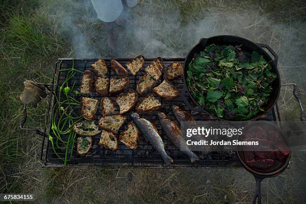 food cooking on an open bbq pit - mt cook fotografías e imágenes de stock