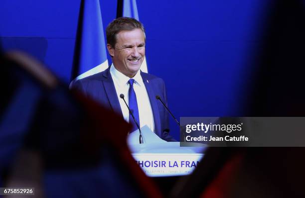 Nicolas Dupont-Aignan, President of 'Debout la France' party speaks during a campaign rally of French presidential candidate Marine Le Pen of 'Front...