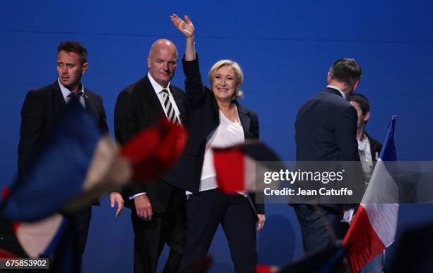 French presidential candidate Marine Le Pen of Front National party - here protected by her personal bodyguard Thierry Legier - holds a campaign...