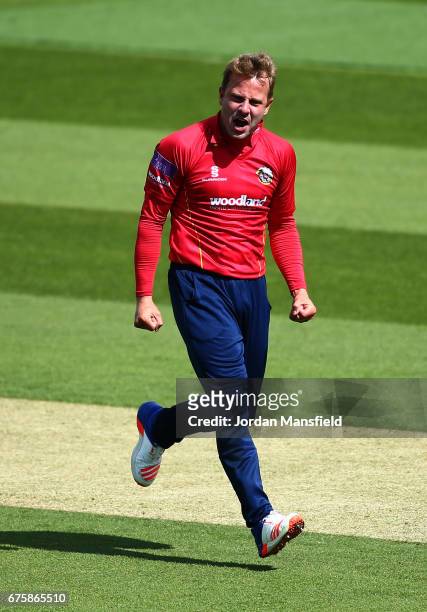 Neil Wagner of Essex celebrates dismissing Kumar Sangakkara of Surrey during the Royal London One-Day Cup match between Surrey and Essex at The Kia...