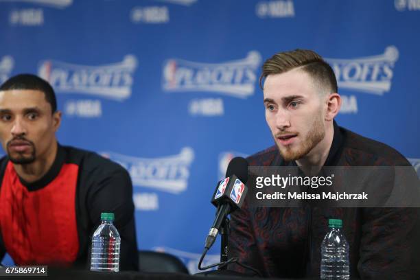 Gordon Hayward of the Utah Jazz talks to the media during a press conference after Game Six of the Western Conference Quarterfinals against the LA...