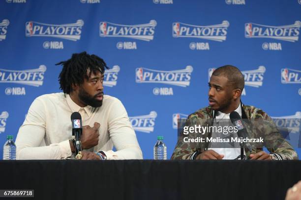 DeAndre Jordan and Chris Paul of the LA Clippers talk to the media during a press conference after Game Six of the Western Conference Quarterfinals...