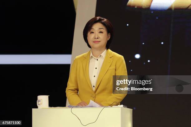 Sim Sang-jung, presidential candidate of the Justice Party, prepares for a televised presidential debate in Seoul, South Korea, on Tuesday, May 2,...