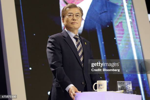 Moon Jae-in, presidential candidate of the Democratic Party of Korea, prepares for a televised presidential debate in Seoul, South Korea, on Tuesday,...