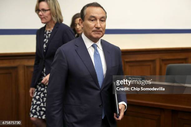 United Airlines CEO Oscar Munoz arrives to testify before the House Transportation and Infrastructure Committee about oversight of U.S. Airline...