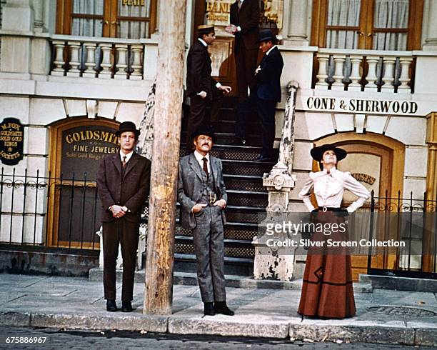 From left to right, Paul Newman as Butch Cassidy, Robert Redford as The Sundance Kid, and Katharine Ross as Etta Place in the film 'Butch Cassidy and...