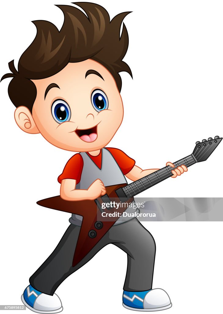 billetera melodía masculino Niño De Dibujos Animados Tocando Guitarra Eléctrica Ilustración de stock -  Getty Images