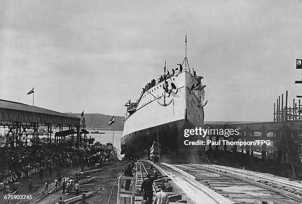 The SMS Tegetthoff a dreadnought battleship of the Tegetthoff class of the Austro-Hungarian Navy is launched down the slipway of the Stabilimento...